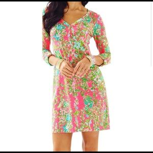 Lilly Pulitzer Palmetto Dress Short V-neck Henley T-shirt Dress -pink flamingo